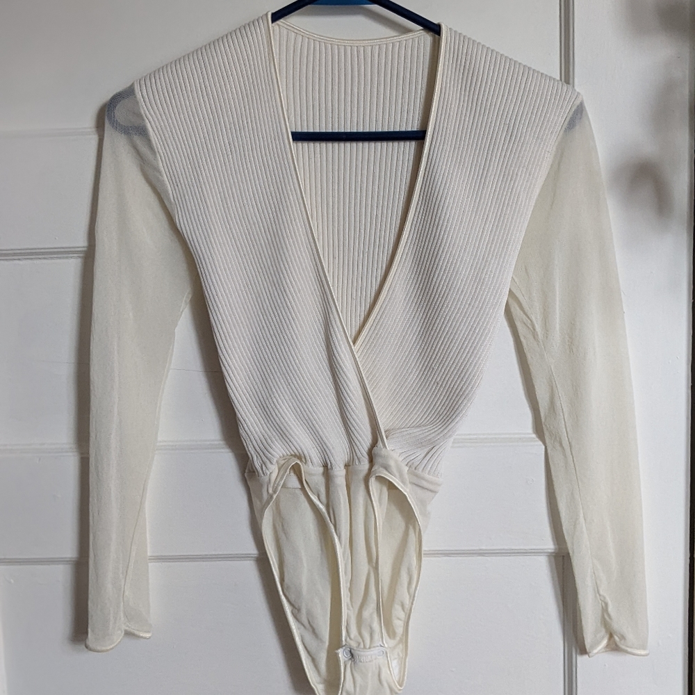 Cosabella 90s Vintage Bodysuit, Ribbed Cotton & Mesh Long Sleeve, Hi Cut Leg